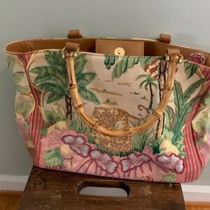 Bueno beaded canvas, tropical hand bag , cane handle leopard pair.